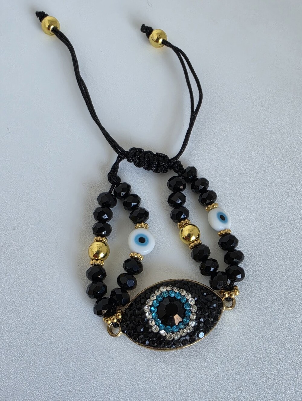 Handmade Black Evil Eye Crystal Beaded Adjustable Bracelet Gold Tone Boho